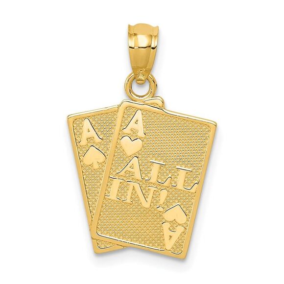 14k Yellow Gold Ace of Hearts & Ace of Spades ALL IN! Cards Pendant